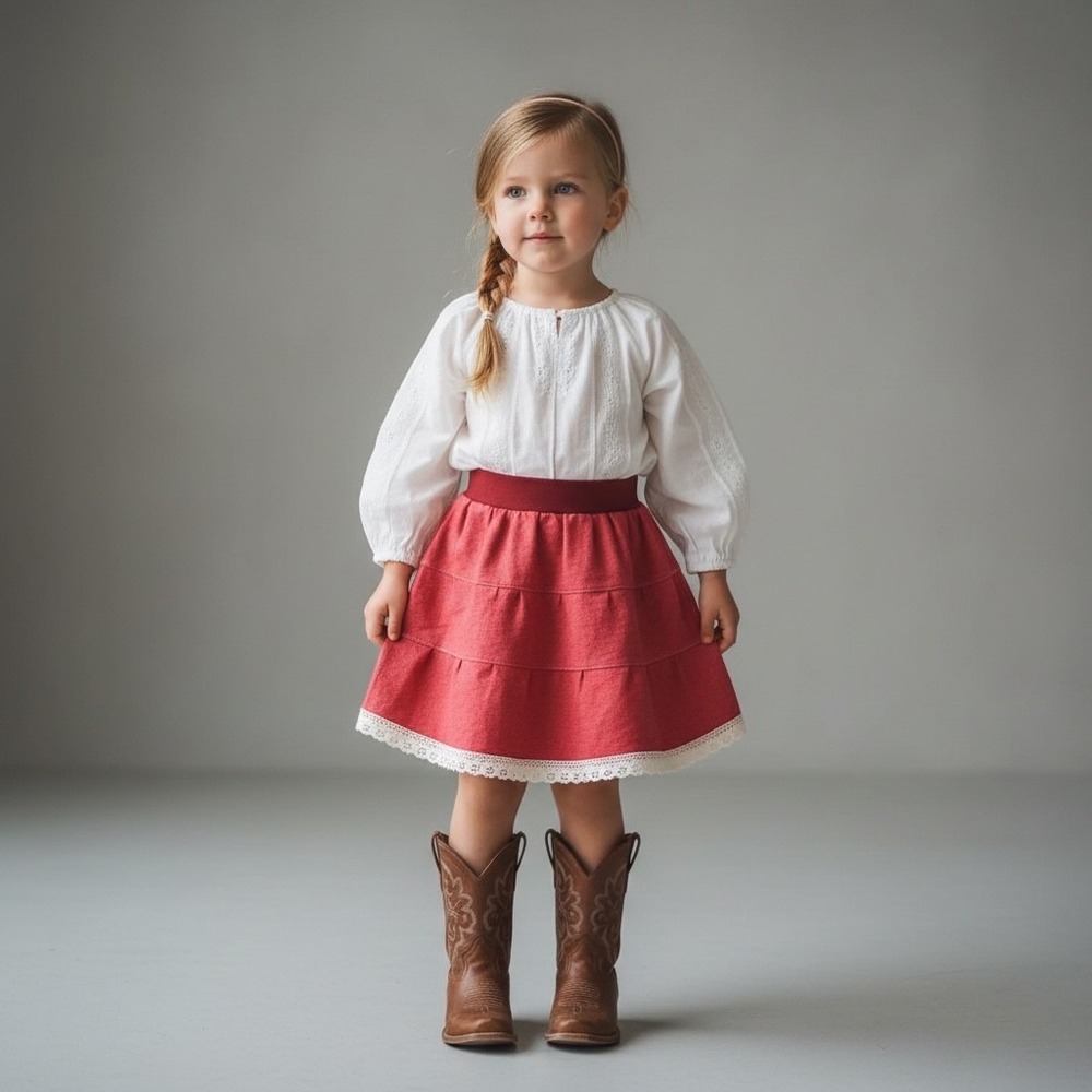 Skirt Denim‎ Girls 2/3 Midi Red Crochet Lace Ruffle Tiered Mom and Pop's Kids
